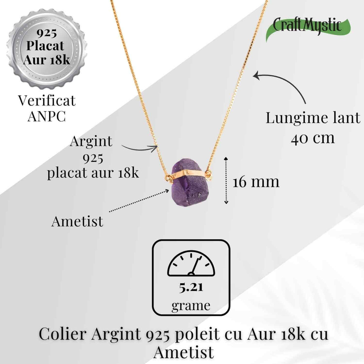 Colier Ametist Brut din Argint 925 Placat cu Aur 18K - Claritate Mentala si Liniste Interioara