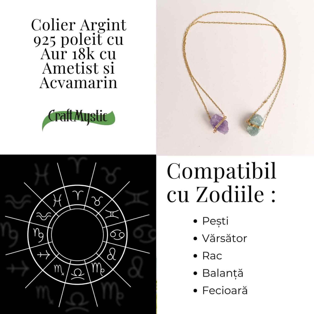 Colier Ametist si Acvamarin Brut din Argint 925 Placat cu Aur 18K - Echilibru Emotional si Claritate Mentala