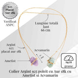 Colier Ametist si Acvamarin Brut din Argint 925 Placat cu Aur 18K - Echilibru Emotional si Claritate Mentala