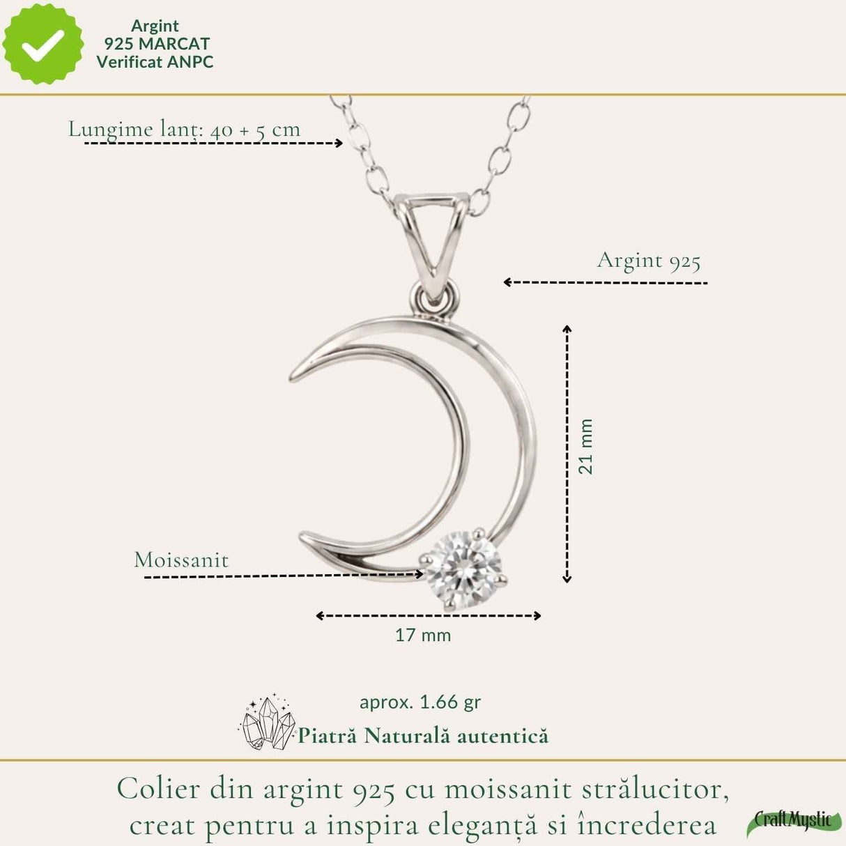 Colier Semiluna cu diamant Moissanit din Argint 925 – Feminitate si Stralucire Mistica