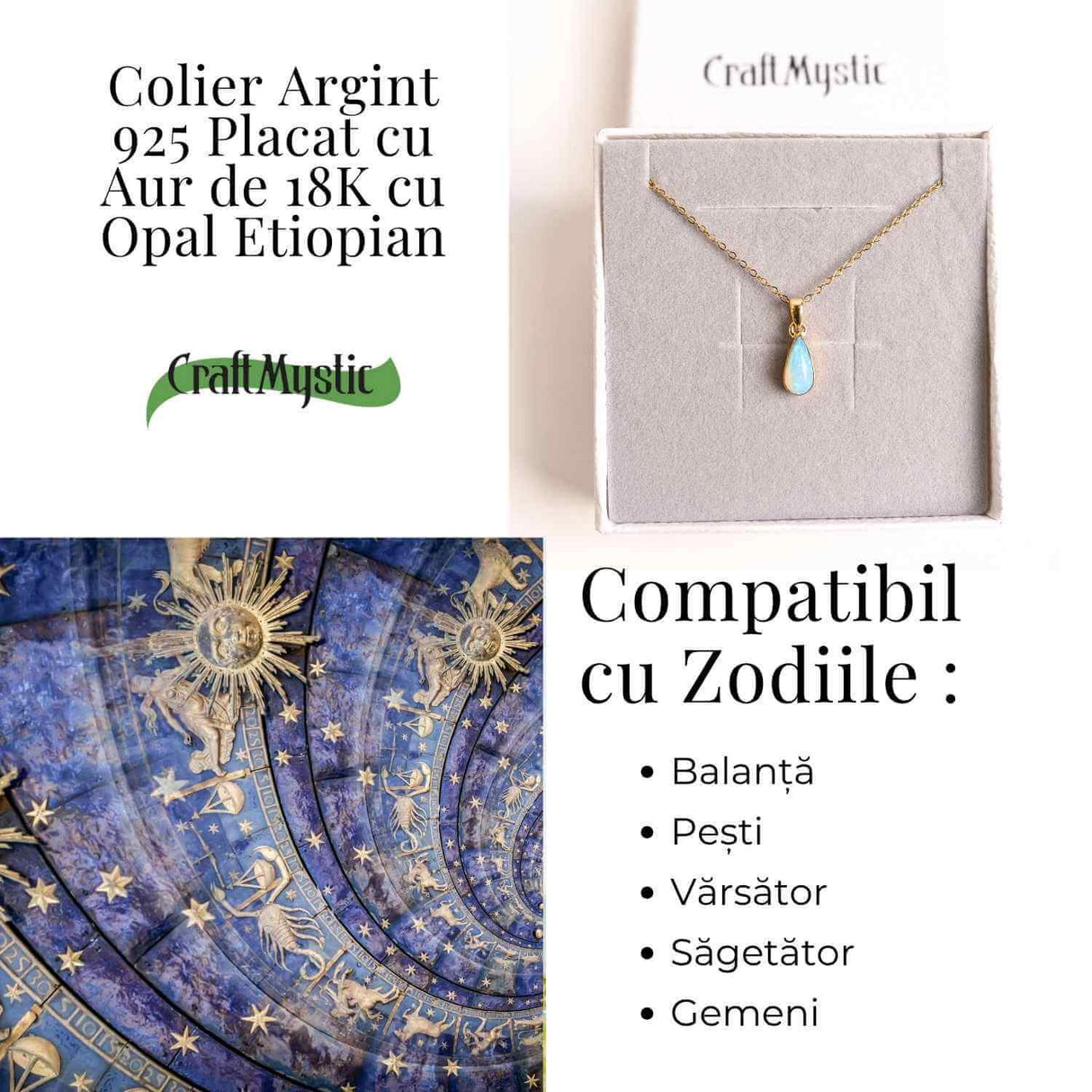 Colier Argint 925 Aur 18K cu Opal Etiopian Lacrima 1.09-1.37 gr- Intuitie si Claritate