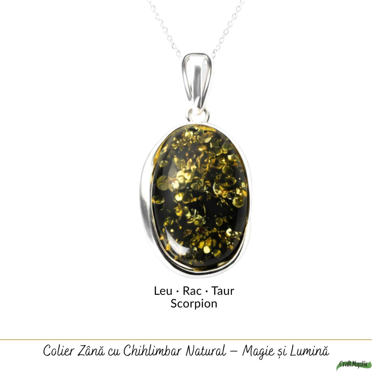 Colier Argint 925 cu Chihlimbar Verde Natural Oval - Energie Calda si Echilibru