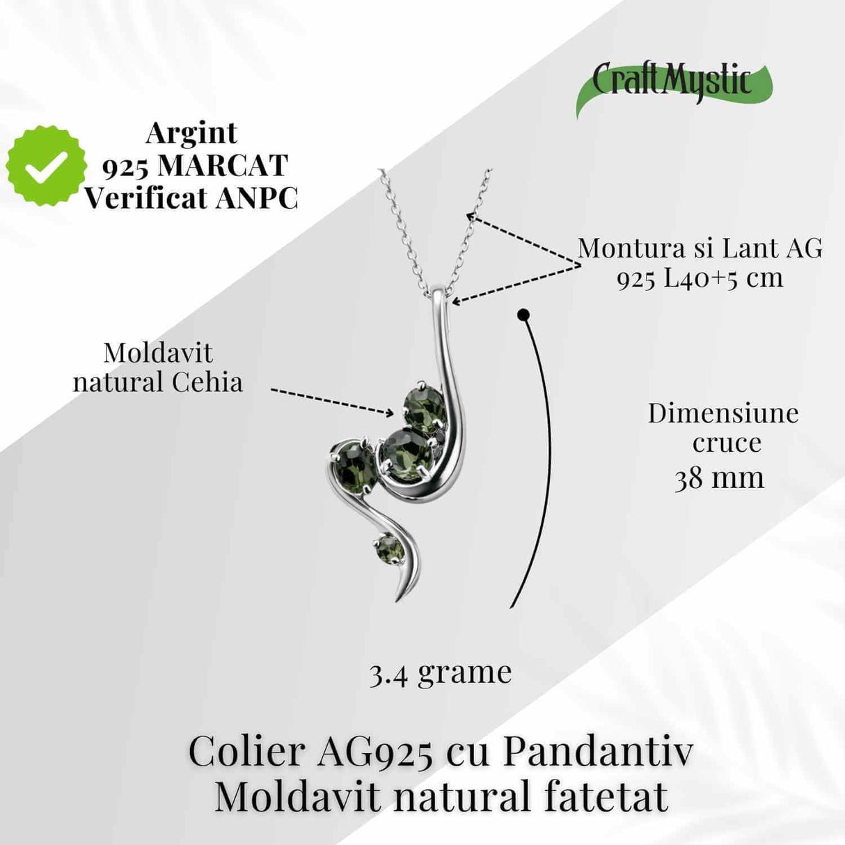 Colier Argint 925 rodiat cu Moldavit natural fatetat 3.4 g - trezirea constiintei si transformare interioara