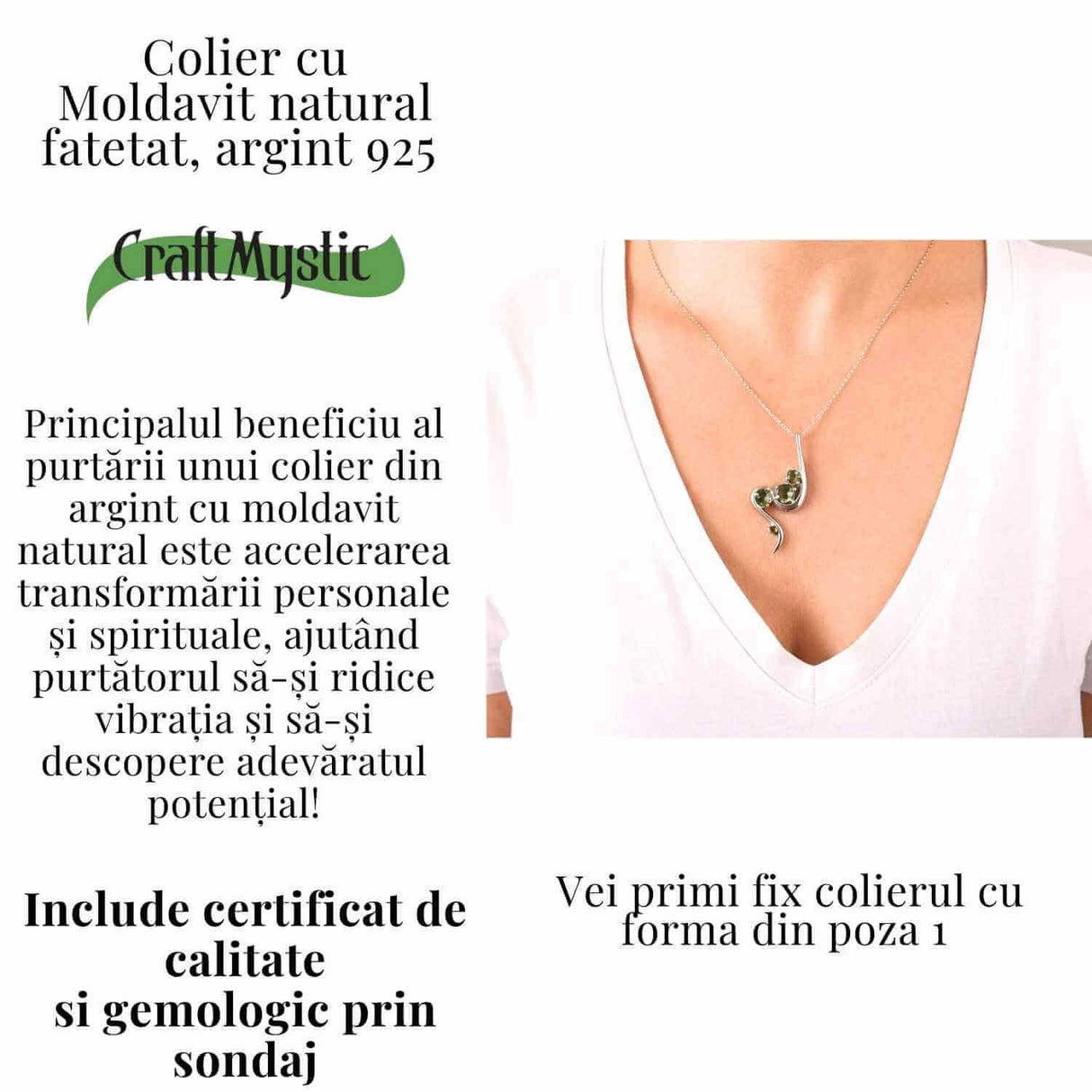 Colier Argint 925 rodiat cu Moldavit natural fatetat 3.4 g - trezirea constiintei si transformare interioara