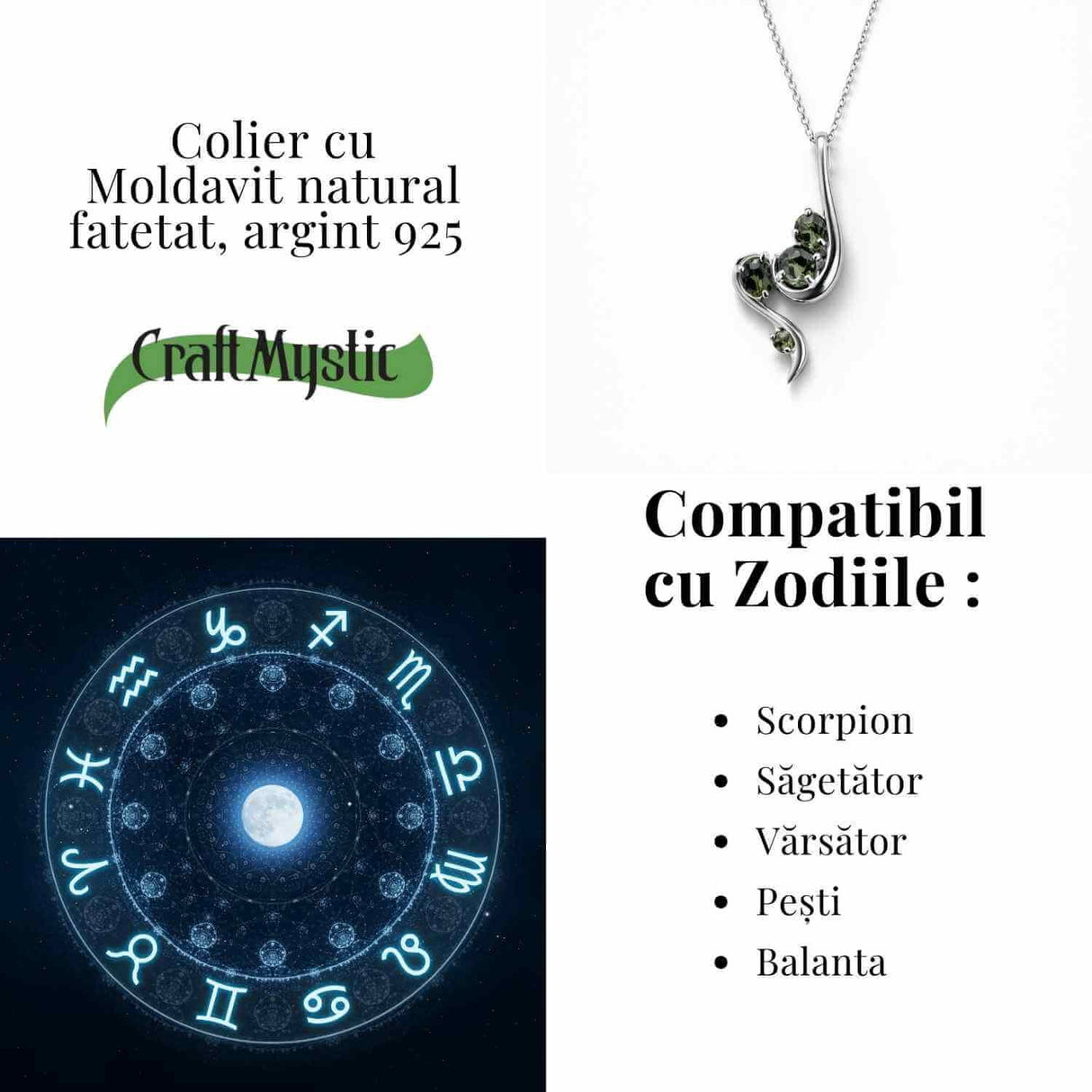 Colier Argint 925 rodiat cu Moldavit natural fatetat 3.4 g - trezirea constiintei si transformare interioara