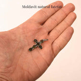 Colier cruce din Argint 925 rodiat cu Moldavit natural fatetat - protectie energetica si intuitie
