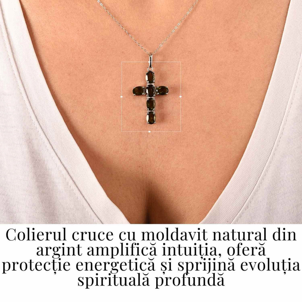 Colier cruce din Argint 925 rodiat cu Moldavit natural fatetat - protectie energetica si intuitie