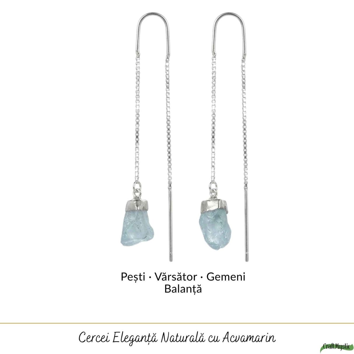 Cercei Argint 925 cu Acvamarin Brut si Lant – Calm Interior si Eleganta Naturala