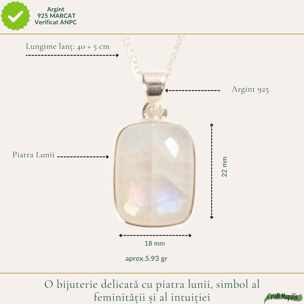 Colier Argint 925 cu Piatra Lunii Dreptunghi – Intuitie si Echilibru Emotional