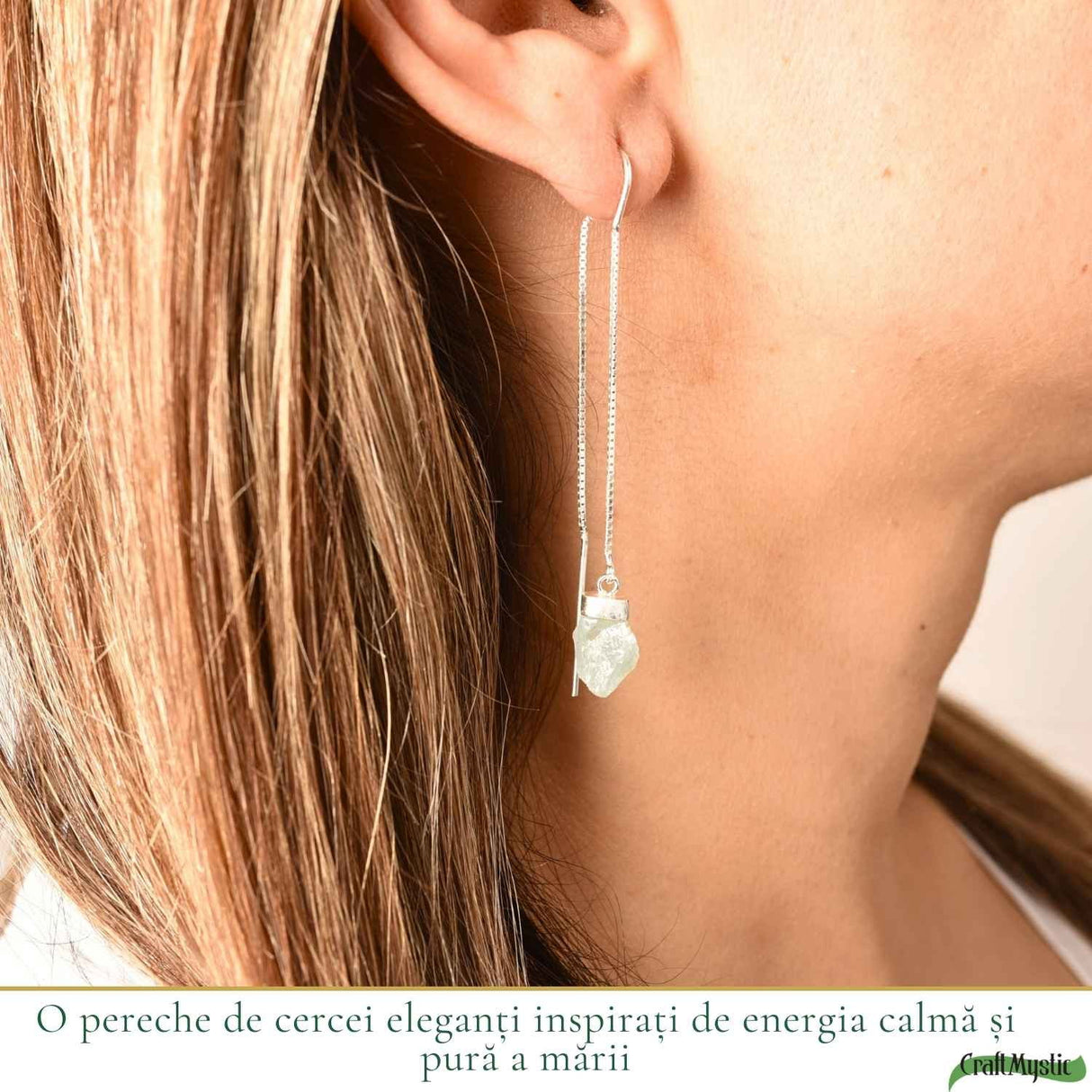 Cercei Argint 925 cu Acvamarin Brut si Lant – Calm Interior si Eleganta Naturala