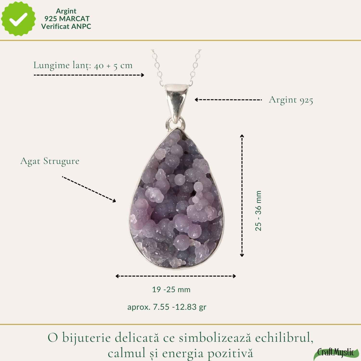 Colier Argint 925 cu Agat Strugure Natural Lacrima – Calm, Intuitie si Echilibru