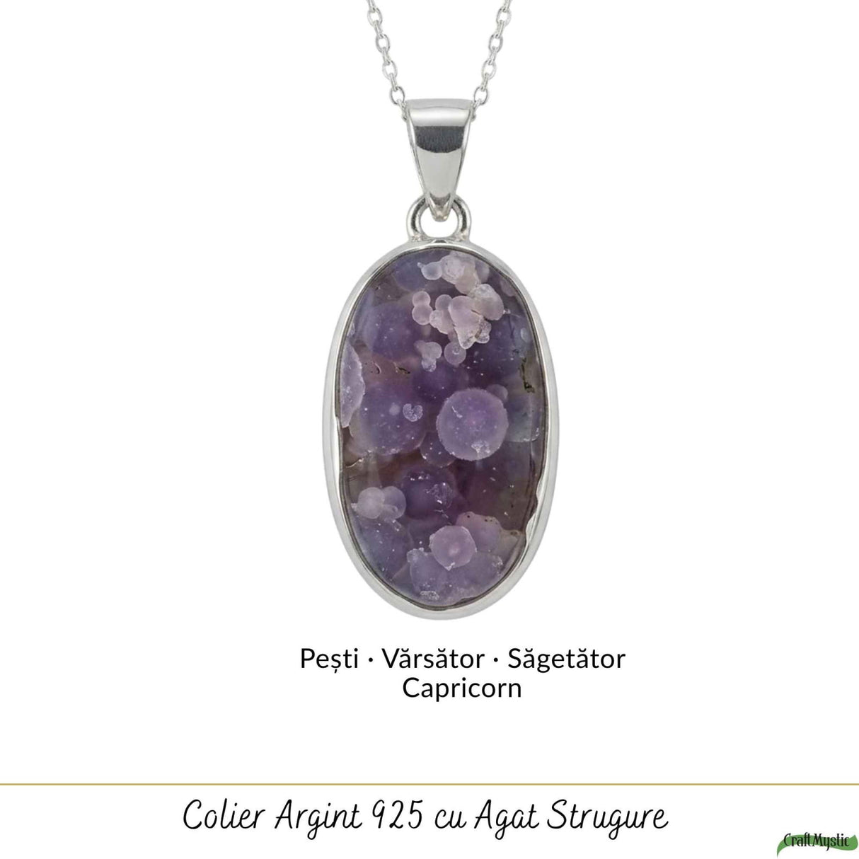 Colier Argint 925 cu Agat Strugure Natural Oval – Calm, Intuiție si Echilibru