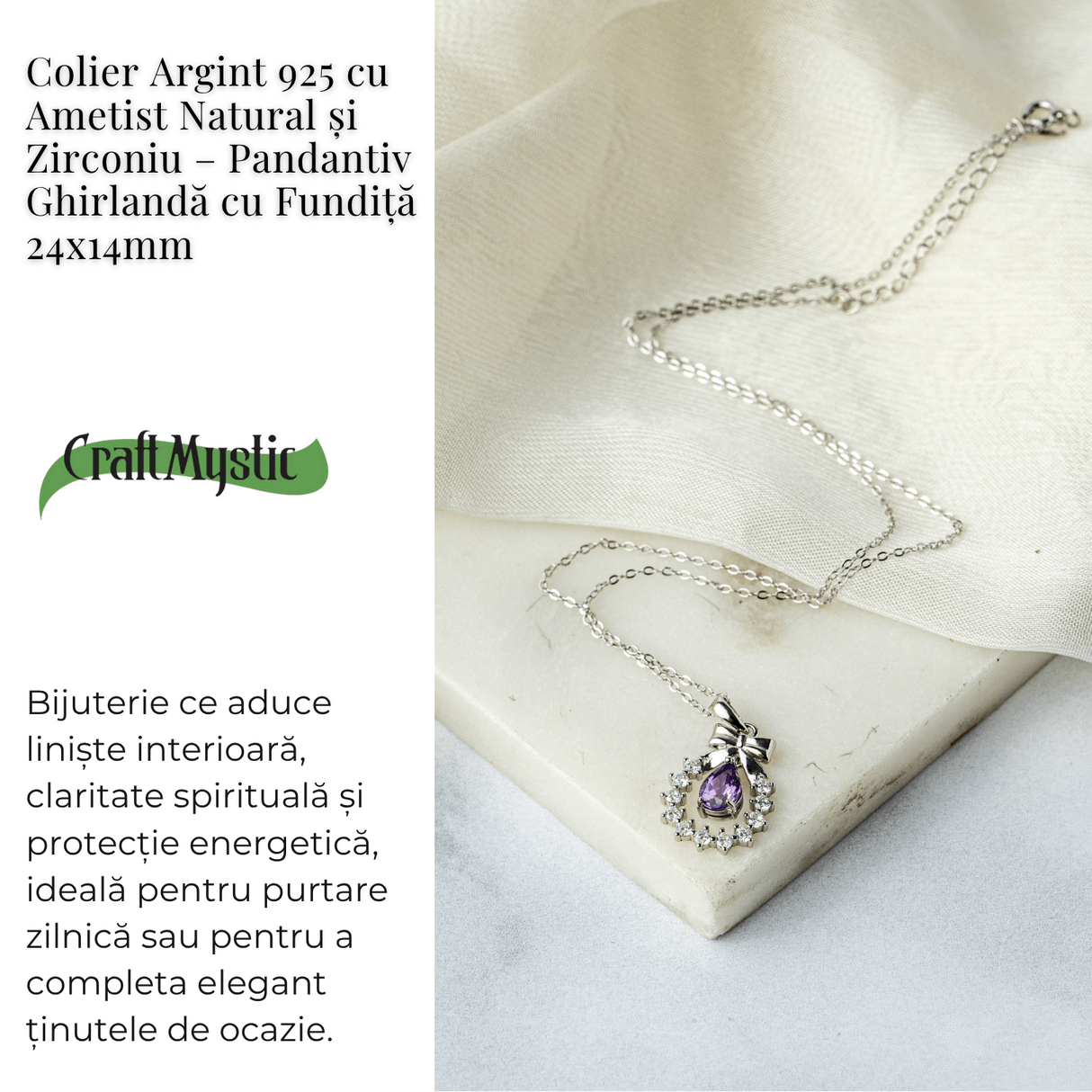 Colier Argint 925 cu Ametist Natural si Zirconiu - Pandantiv Ghirlanda cu Fundita, Simbol al Linistii Interioare si Protectiei Energetice