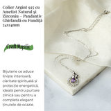 Colier Argint 925 cu Ametist Natural si Zirconiu - Pandantiv Ghirlanda cu Fundita, Simbol al Linistii Interioare si Protectiei Energetice