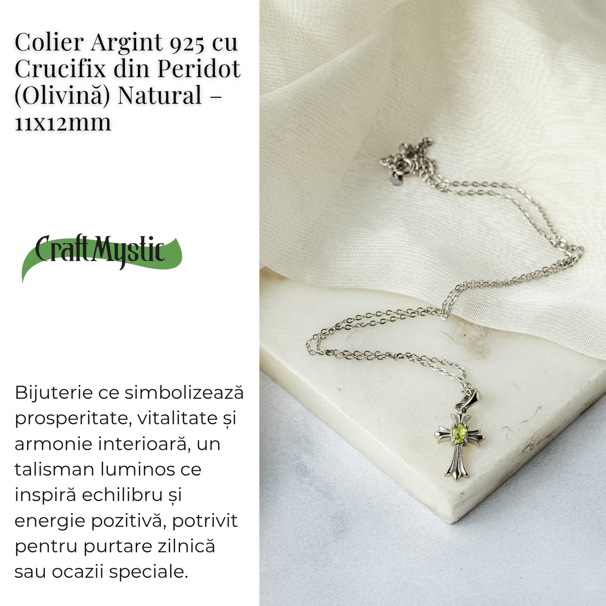 Colier Argint 925 cu Peridot Natural in Forma de Cruce - Armonie Interioara si Protectie Divina