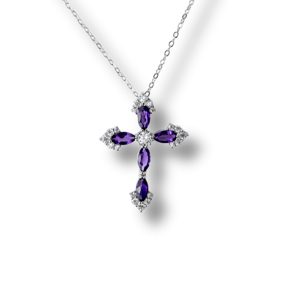Colier Argint 925 cu Crucifix din Ametist Natural si Zirconiu - Simbol al Linistii Interioare si Protectiei Spirituale