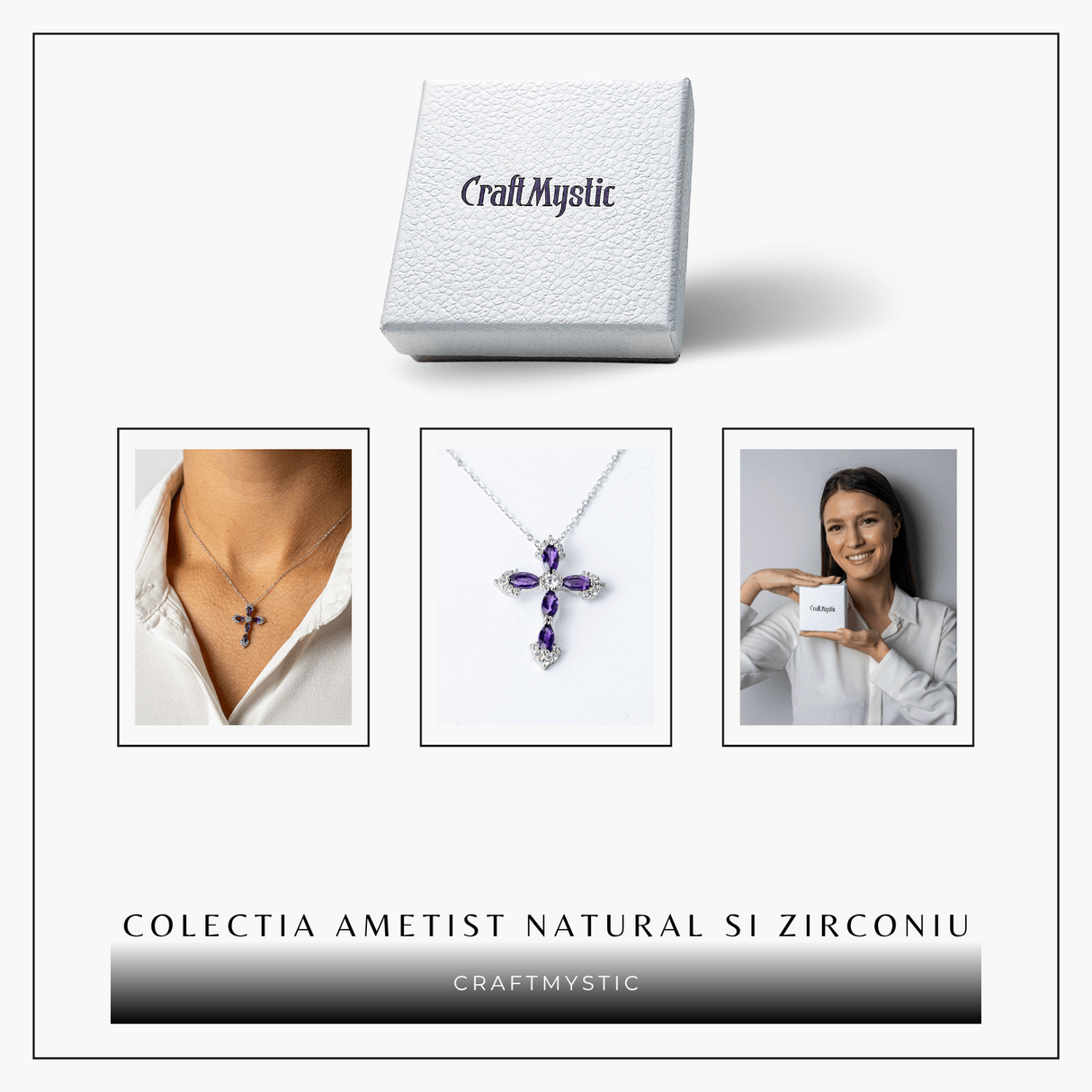 Colier Argint 925 cu Crucifix din Ametist Natural si Zirconiu - Simbol al Linistii Interioare si Protectiei Spirituale