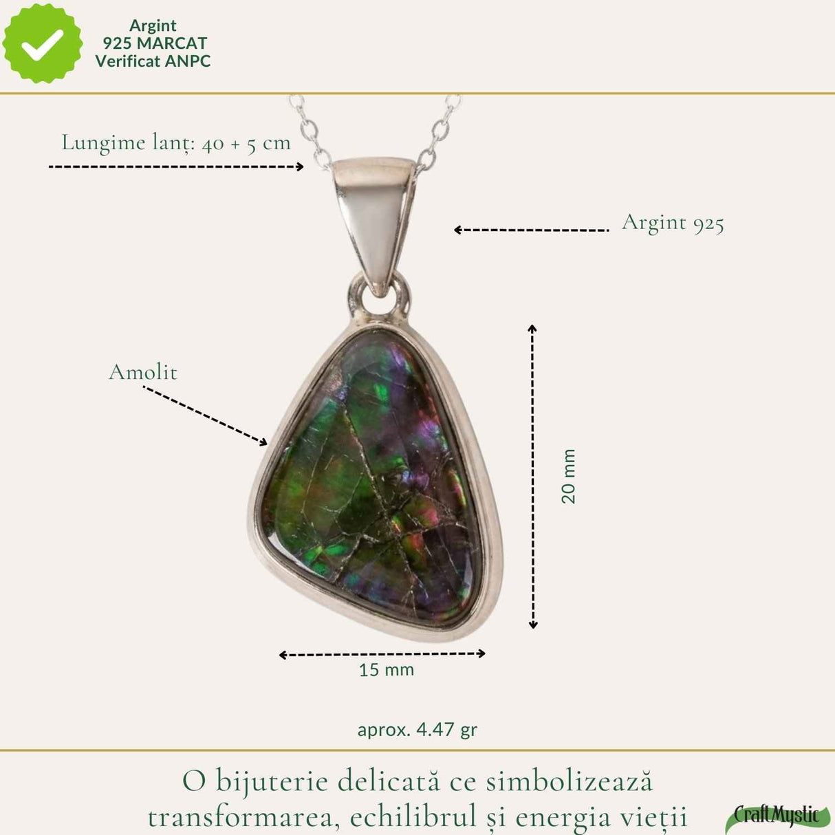 Colier Argint 925 cu Amolit Natural Triunghi – Prosperitate, Energie si Protectie