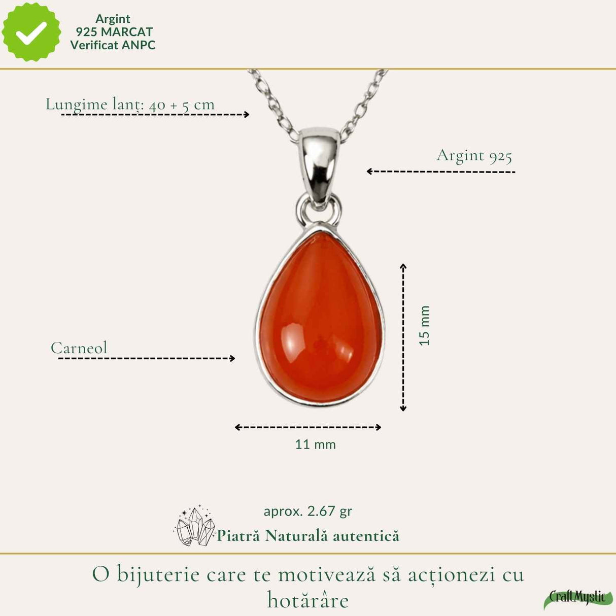 Colier argint 925 cu Carneol lacrima – energie si echilibru emotional