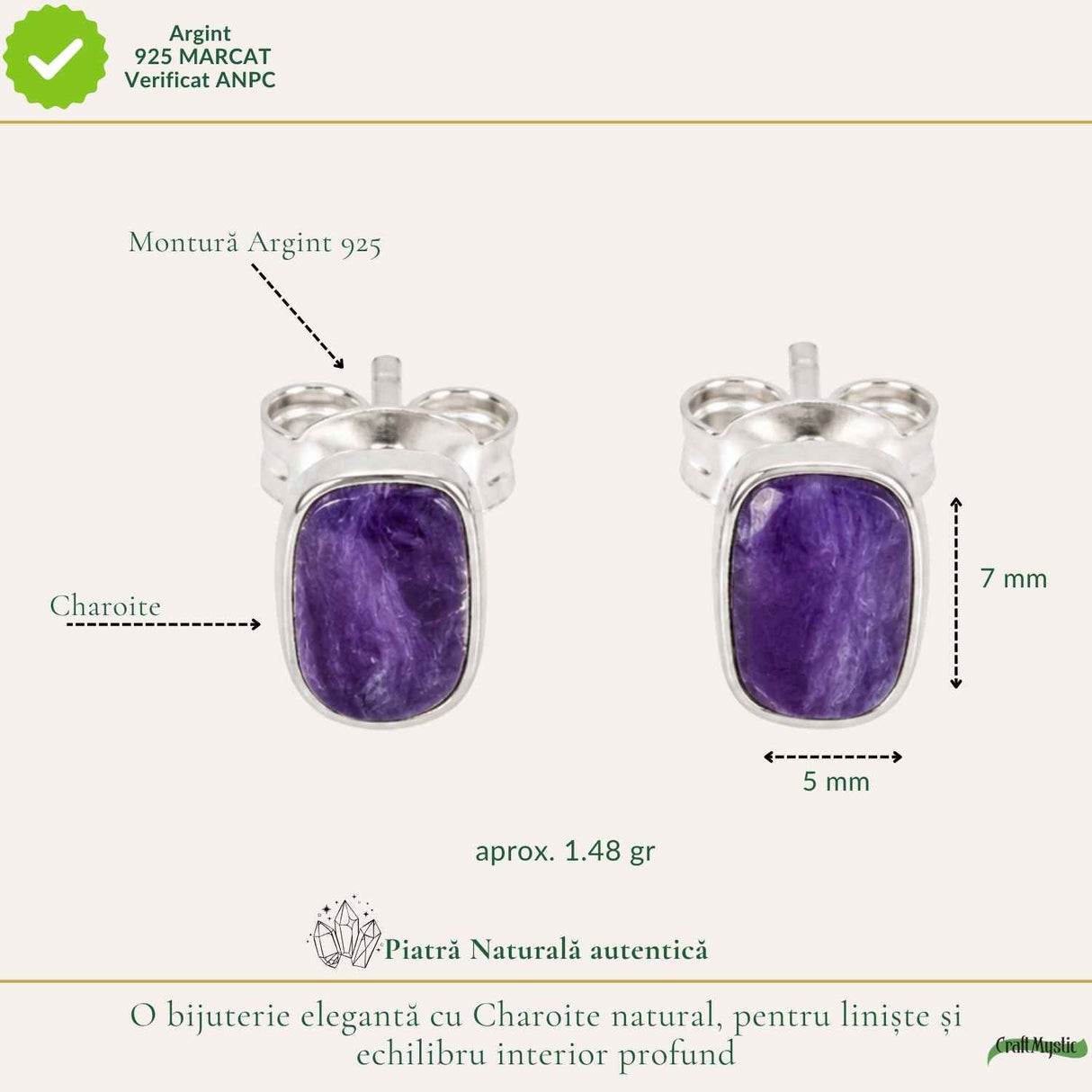 Cercei Argint 925 cu Charoite Natural Dreptunghiular – Intuitie si Eleganta