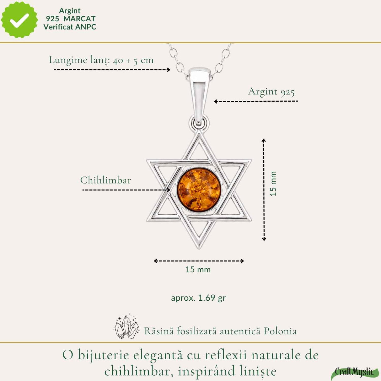 Colier Argint 925 cu Chihlimbar Steaua lui David – Protectie si Echilibru Spiritual