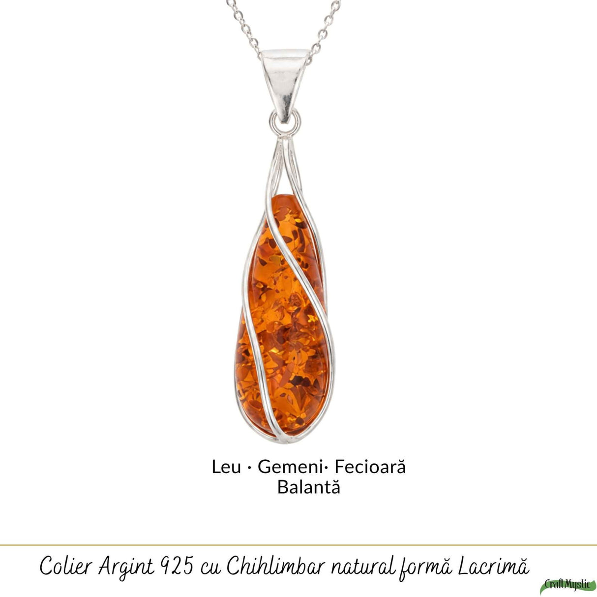 Colier Argint 925 cu Chihlimbar Lacrima Spiralata – Eleganta si Echilibru Interior