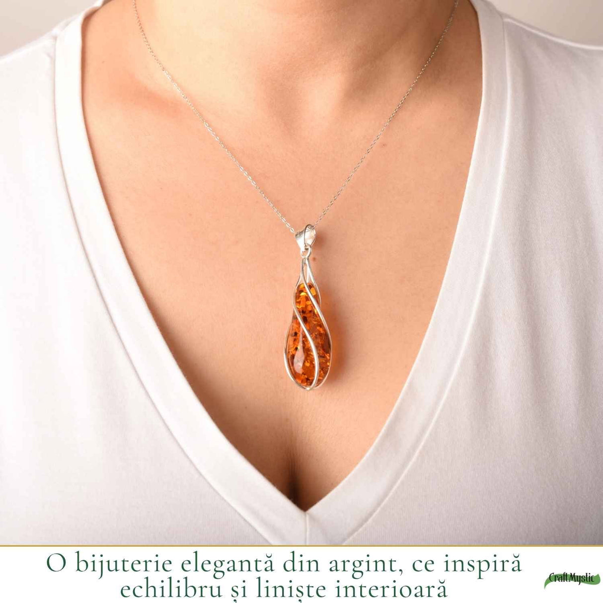 Colier Argint 925 cu Chihlimbar Lacrima Spiralata – Eleganta si Echilibru Interior