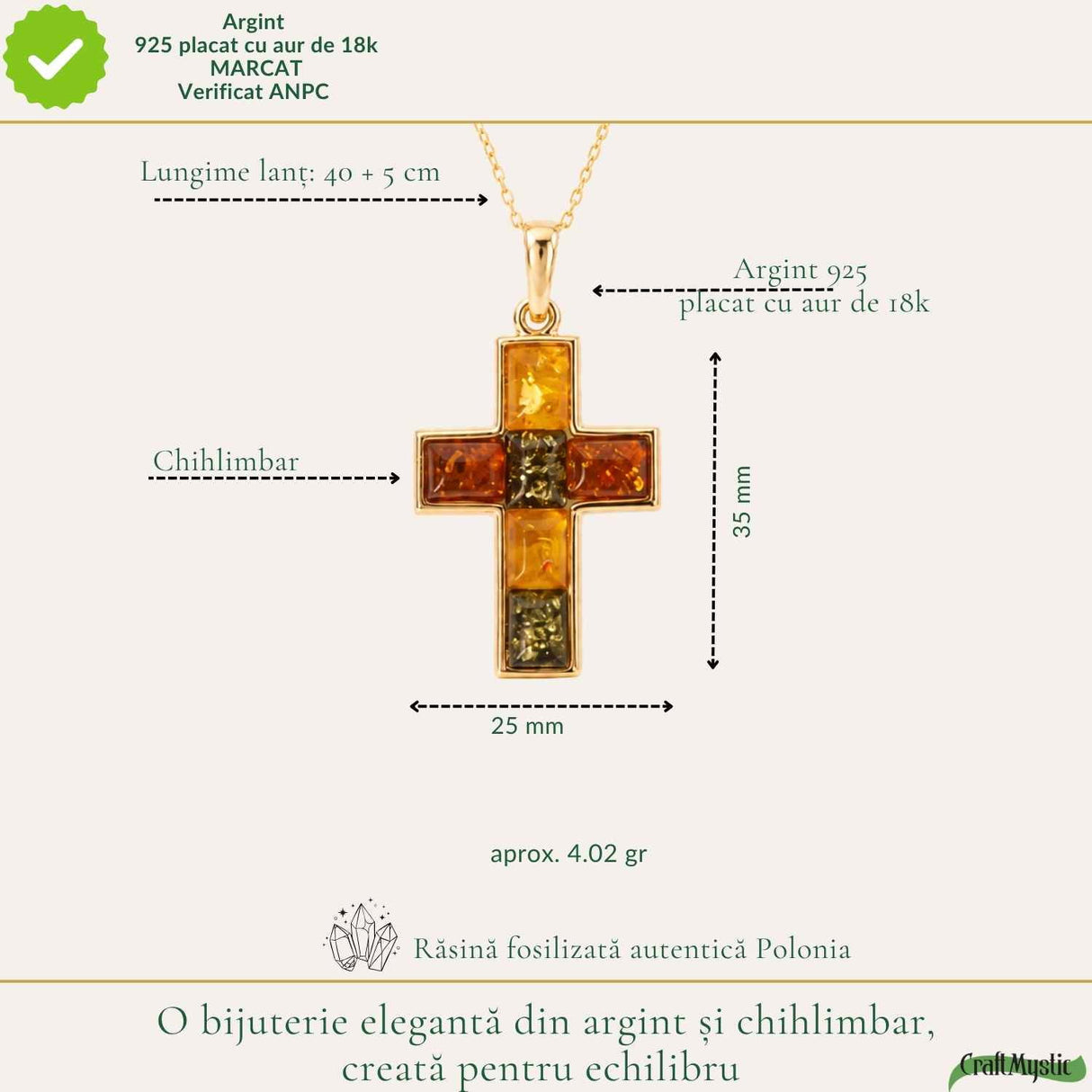 Colier Argint 925 cu Chihlimbar Cruce – Protectie si Lumina Interioara