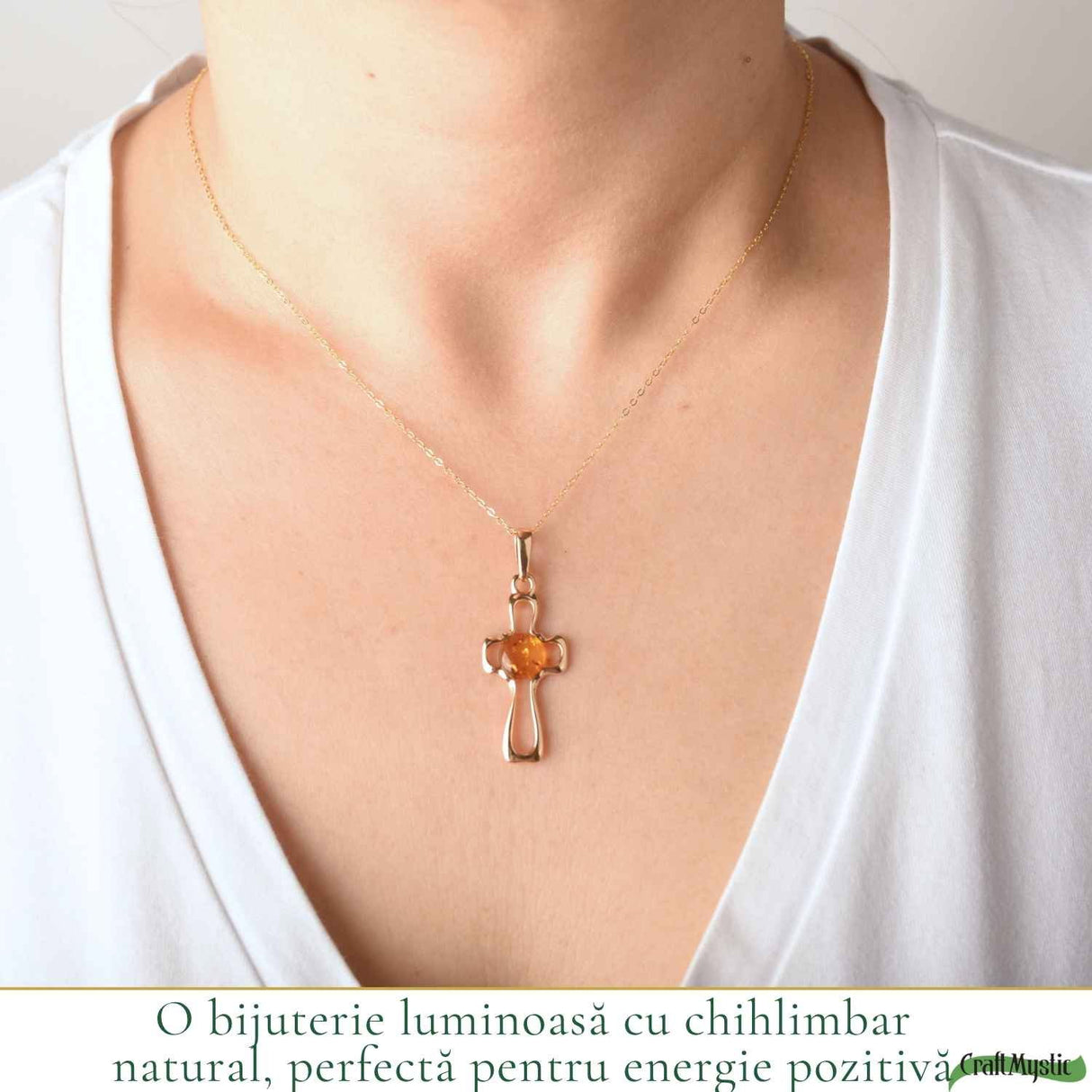 Colier Argint 925 cu Chihlimbar Cruce – Energie Pozitiva si Protectie