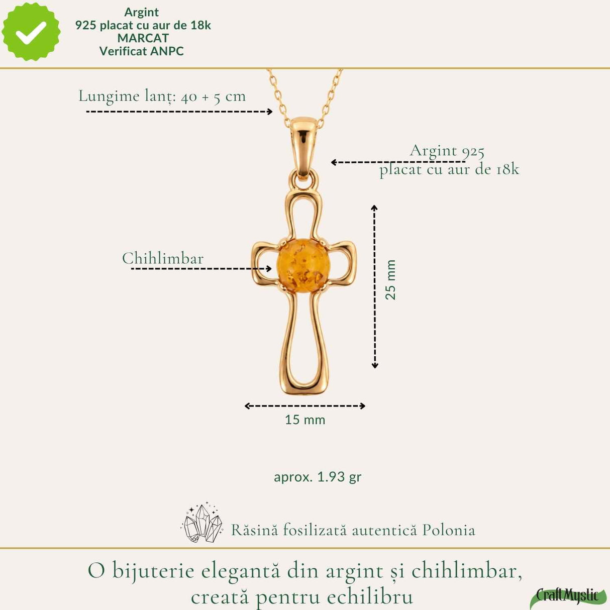 Colier Argint 925 cu Chihlimbar Cruce – Energie Pozitiva si Protectie