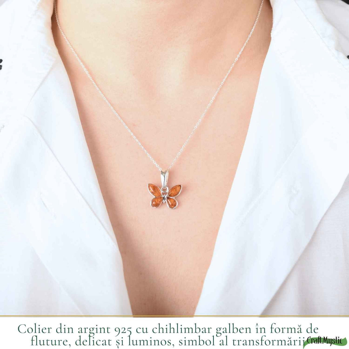 Colier Argint 925 cu Fluture din Chihlimbar Natural - Transformare si Energie Luminoasa