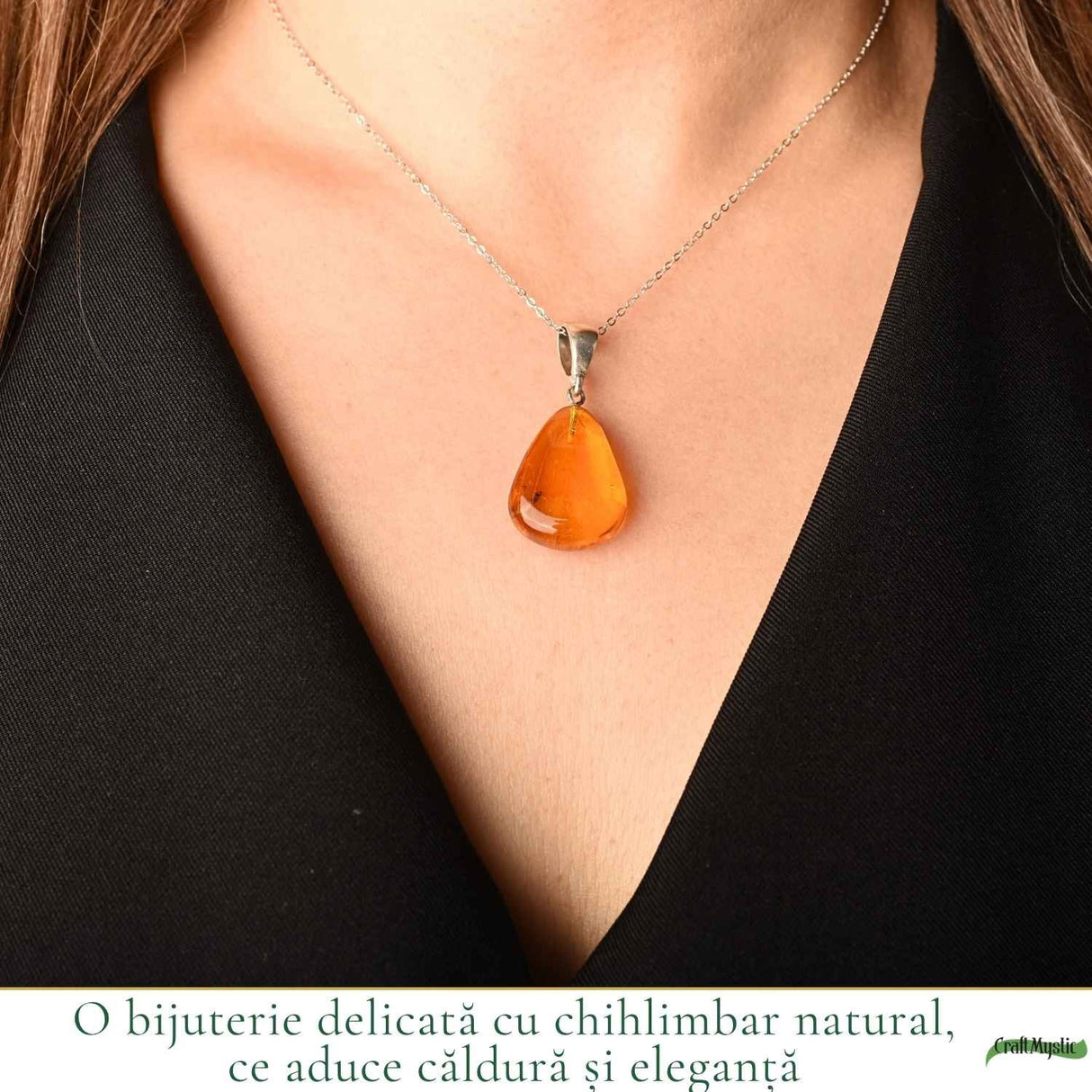 Colier Argint 925 cu Chihlimbar Natural Lacrima – Energie Pozitiva si Eleganta Calda
