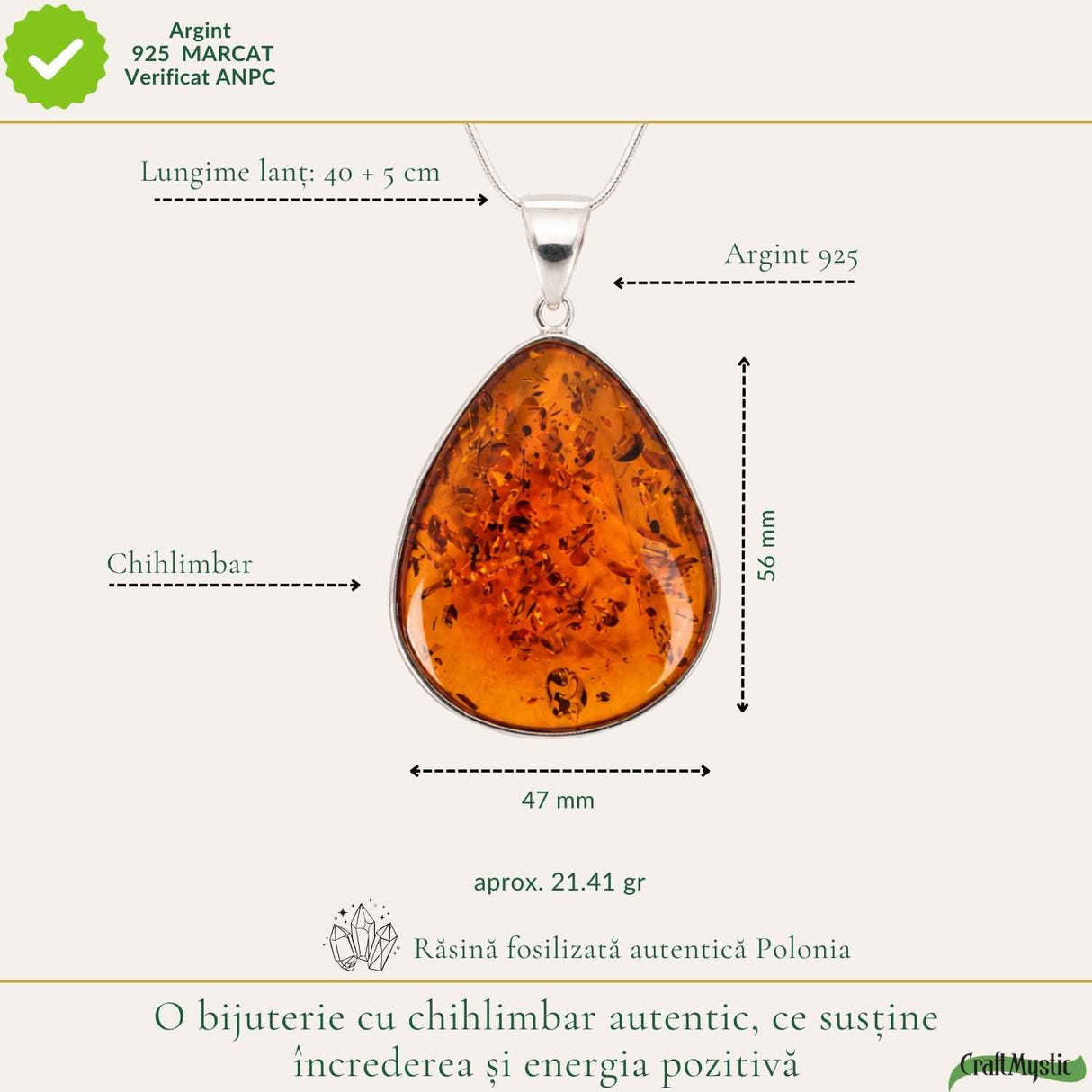 Colier Argint 925 cu Chihlimbar Lacrima – Eleganta Statement si Energie Pozitiva