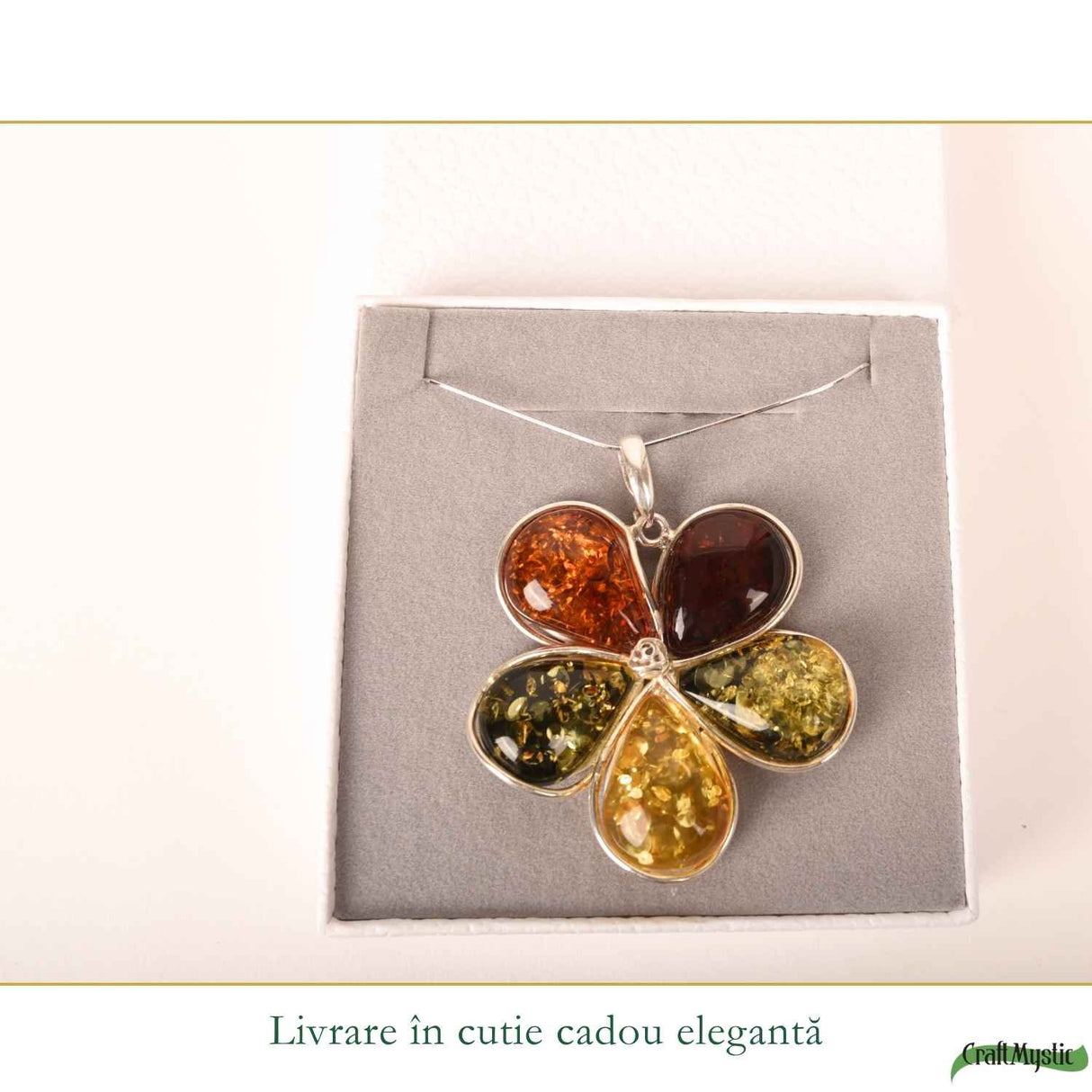 Colier Argint 925 cu Chihlimbar Floare – Feminitate si Energie Solara