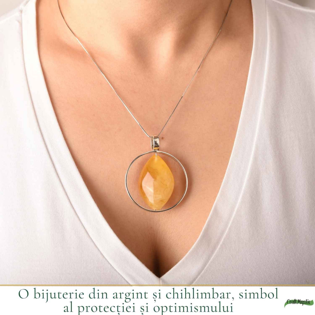 Colier Argint 925 cu Chihlimbar Frunza – Energie Naturala si Eleganta Organica