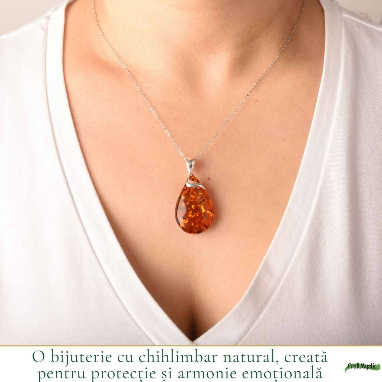 Colier Argint 925 cu Chihlimbar Lacrima – Caldura, Protectie si Echilibru