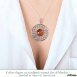 Colier Argint 925 cu Floare Mare din Chihlimbar Natural - Energie Calda si Feminitate