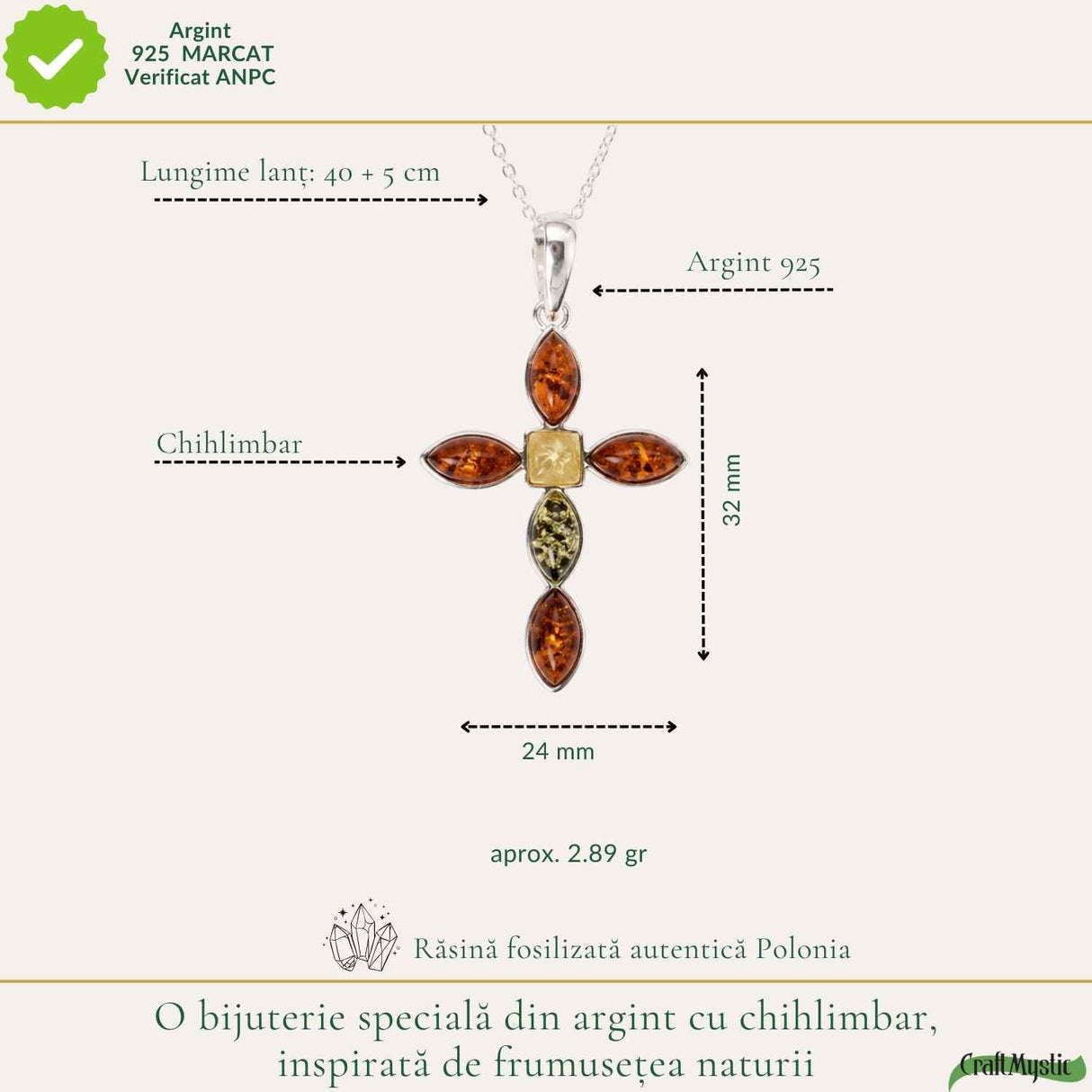 Colier Argint 925 cu Chihlimbar Cruce – Protectie si Energie Luminoasa