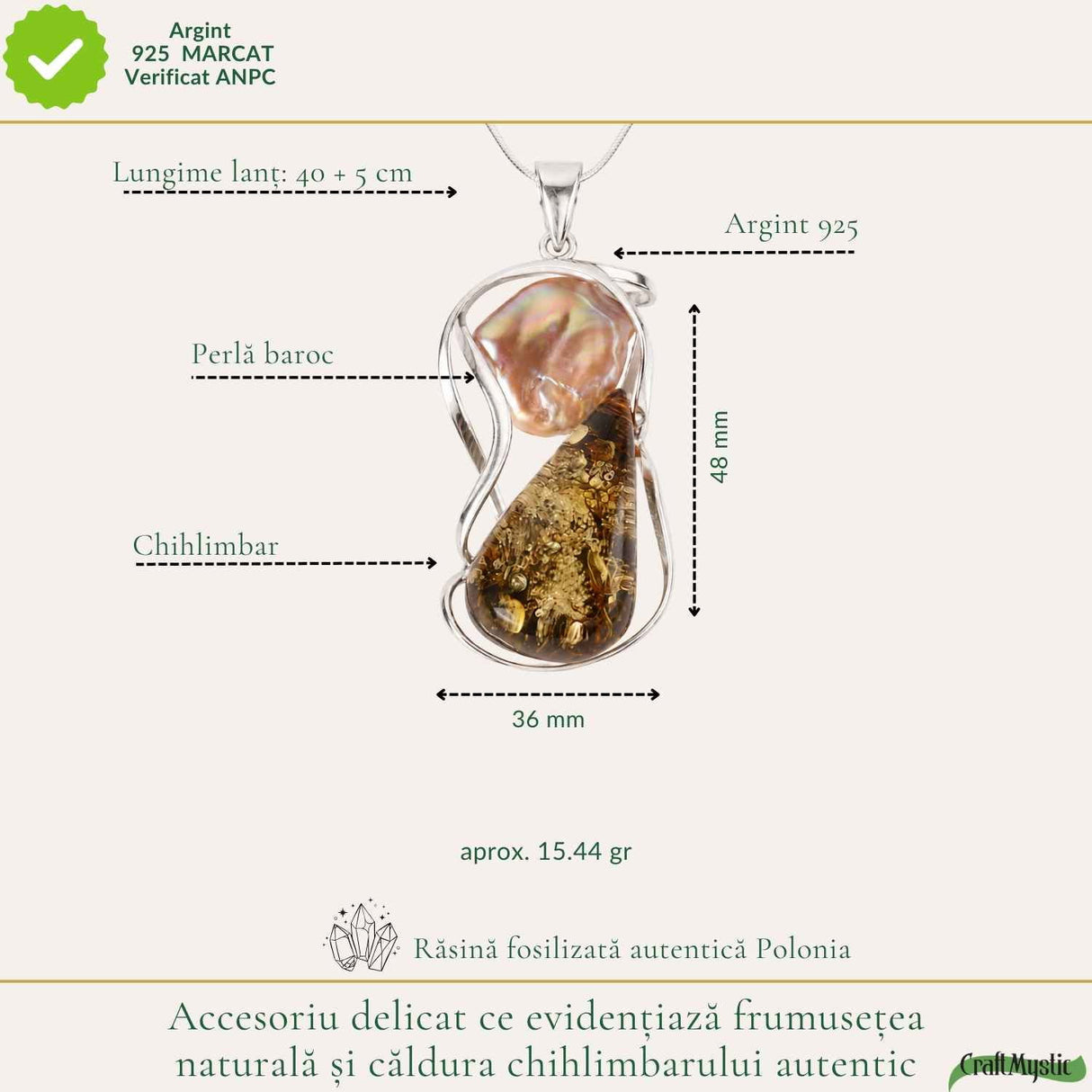 Colier Argint 925 cu Chihlimbar Verde si Perla – Eleganta si Feminitate