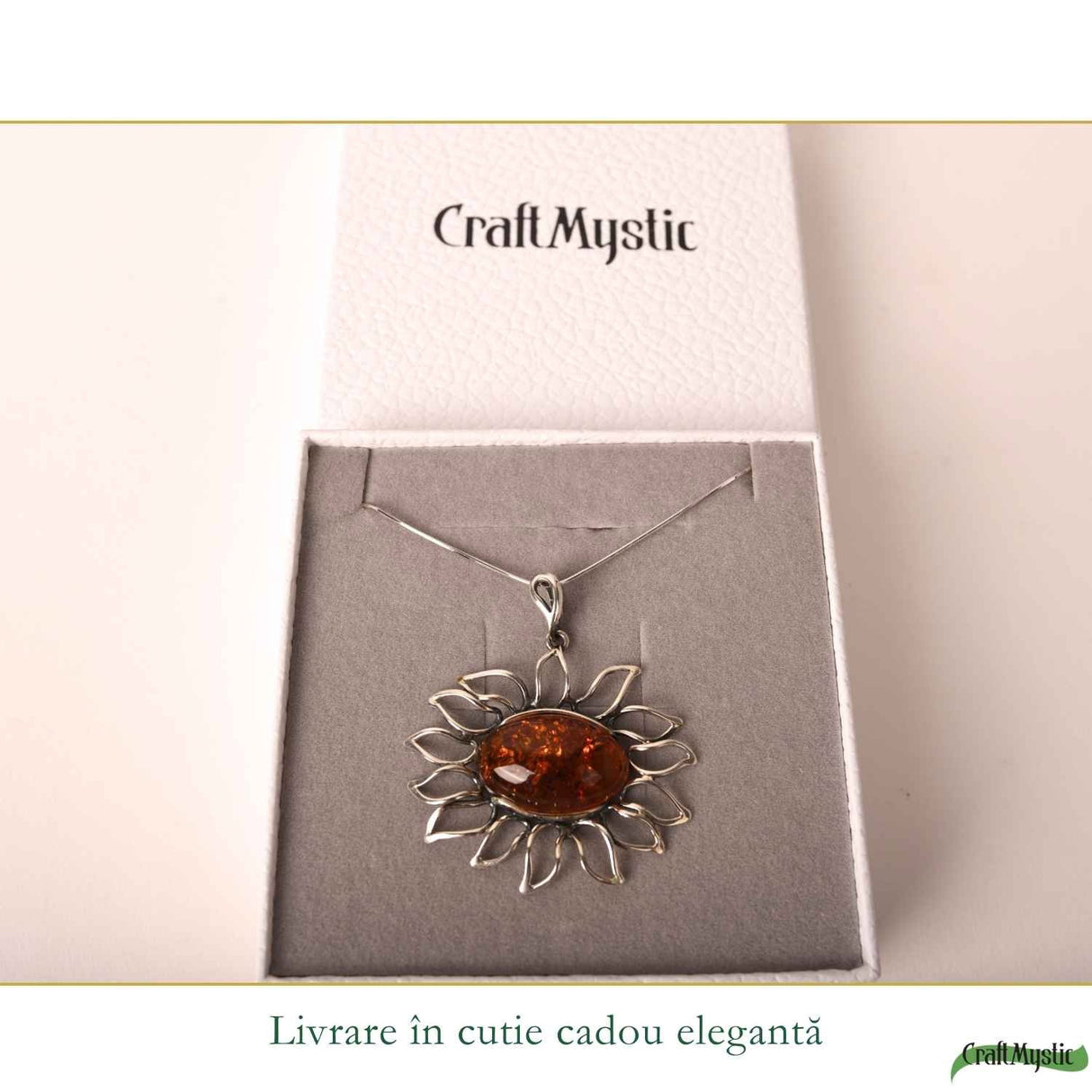 Colier Argint 925 Floare cu Chihlimbar – Energie Pozitiva si Protectie