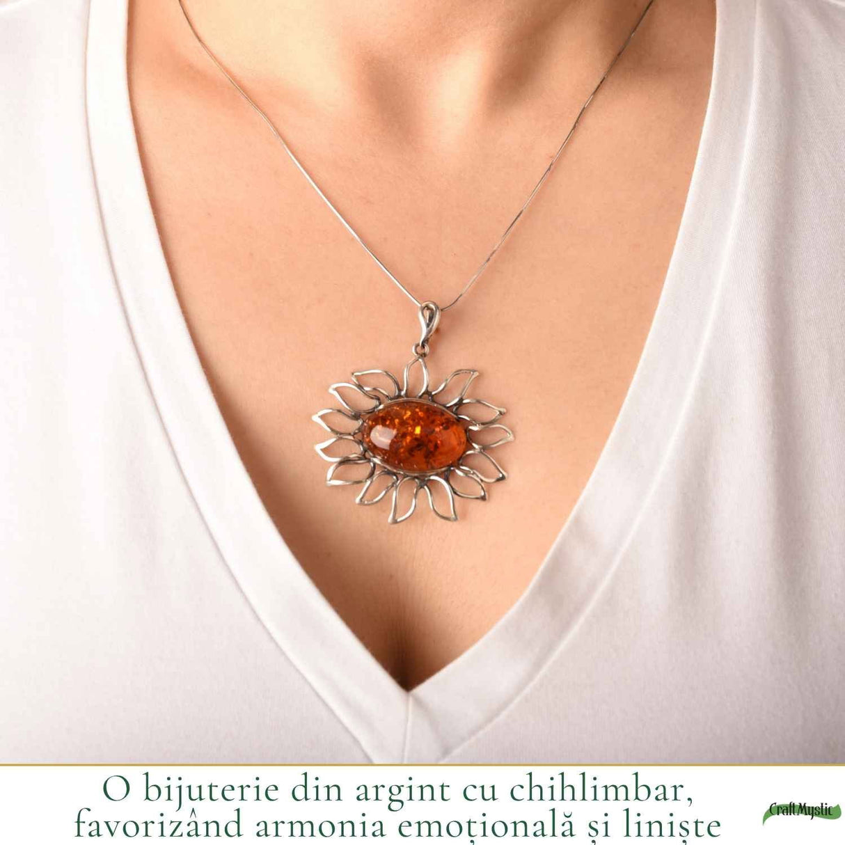 Colier Argint 925 Floare cu Chihlimbar – Energie Pozitiva si Protectie
