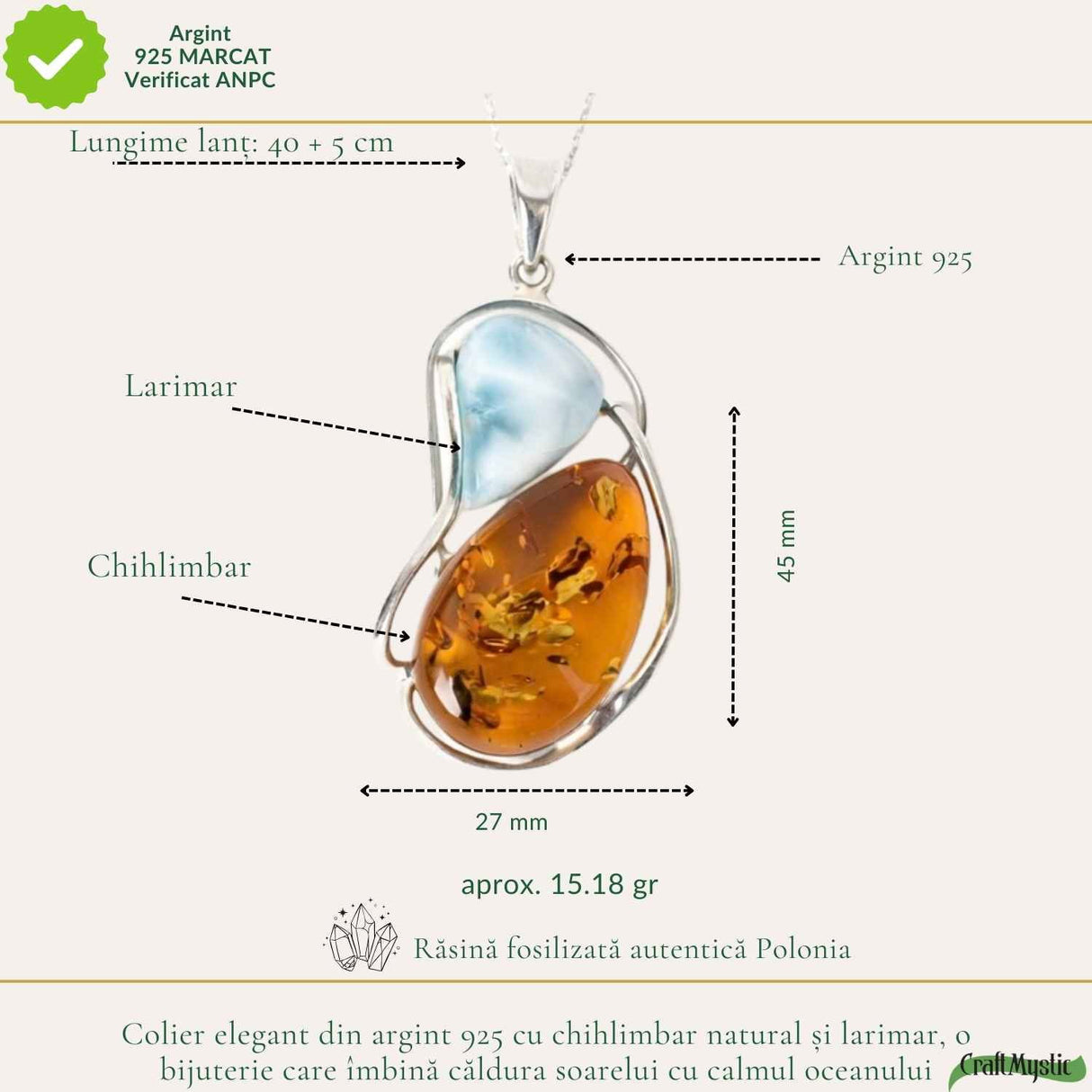 Colier Argint 925 cu Chihlimbar si Larimar Natural - Energie Calda si Echilibru
