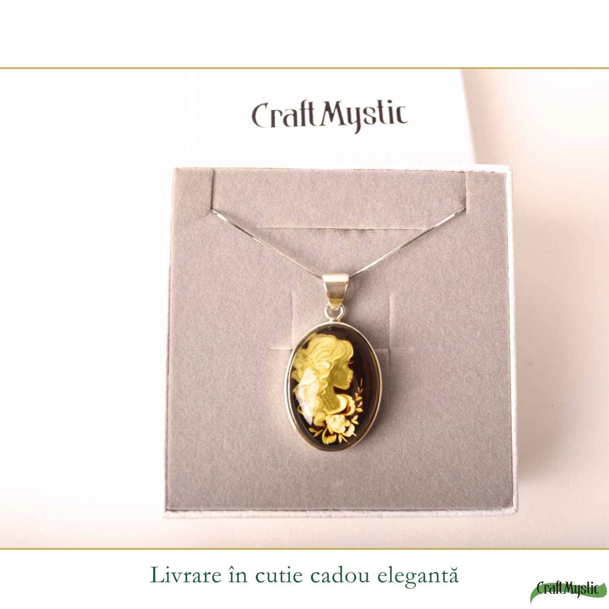 Colier Argint 925 cu Chihlimbar Verde Camee Feminina – Eleganta si Feminitate