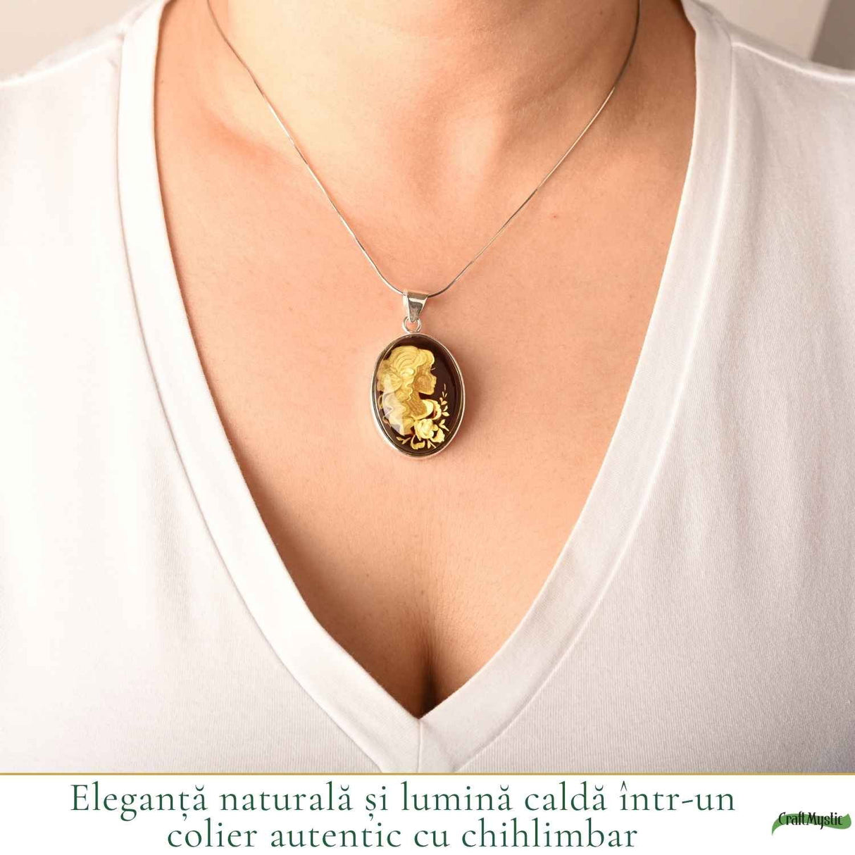 Colier Argint 925 cu Chihlimbar Verde Camee Feminina – Eleganta si Feminitate