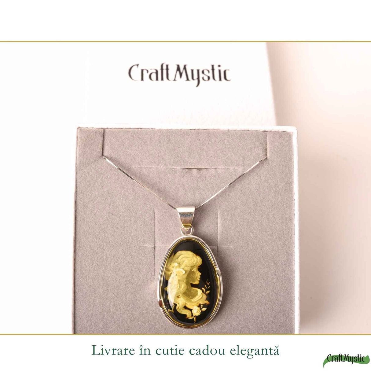 Colier Argint 925 cu Chihlimbar Verde Lacrima Camee Feminina – Eleganțta si Rafinat