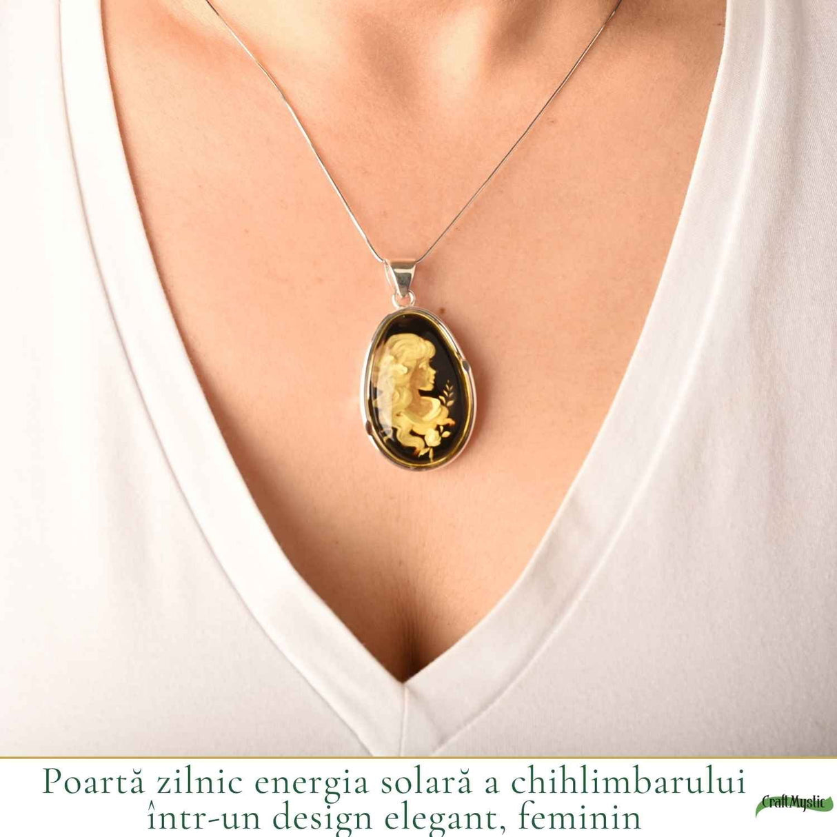 Colier Argint 925 cu Chihlimbar Verde Lacrima Camee Feminina – Eleganțta si Rafinat