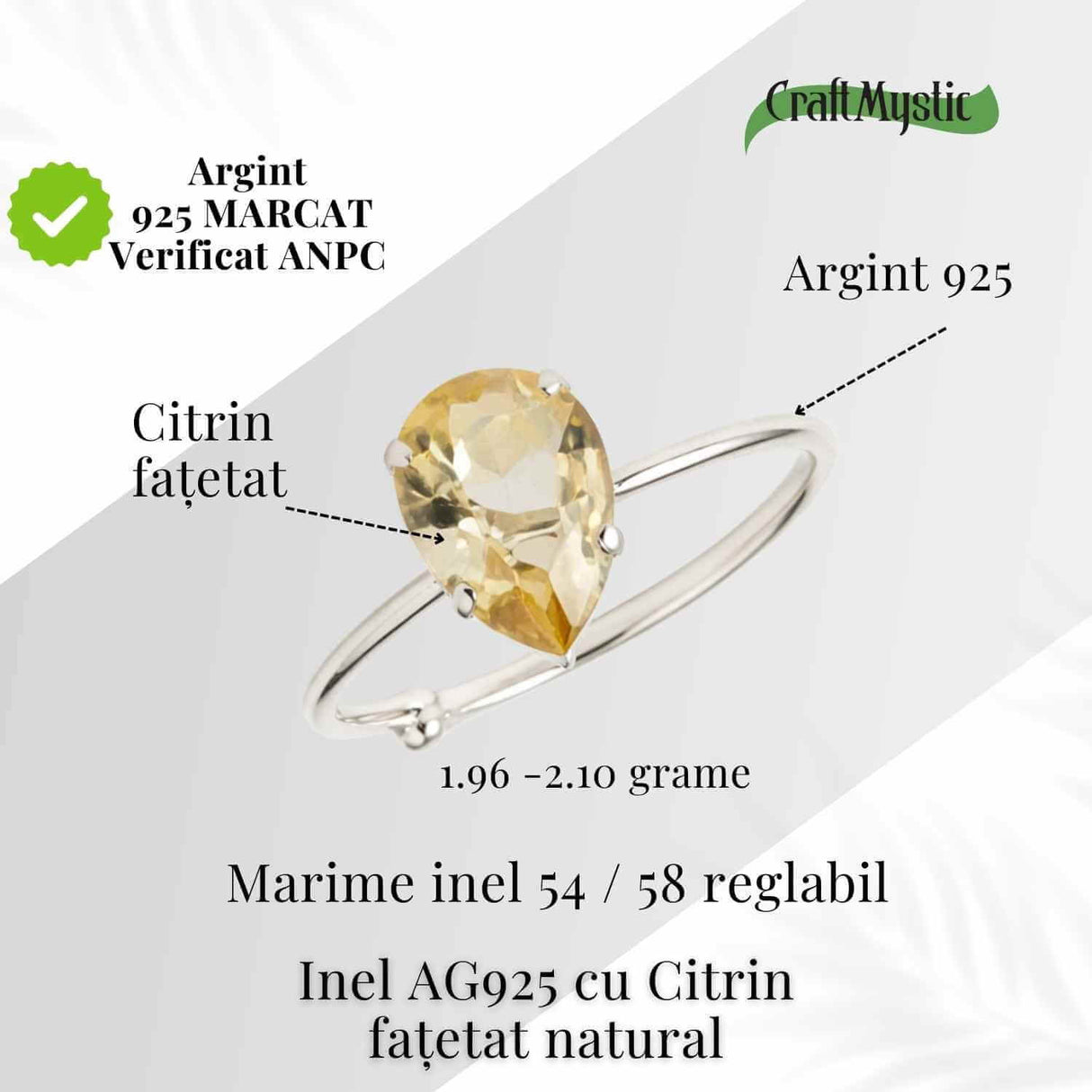 Inel reglabil din argint 925 cu citrin fatetat, simbol al claritatii si optimismului interior
