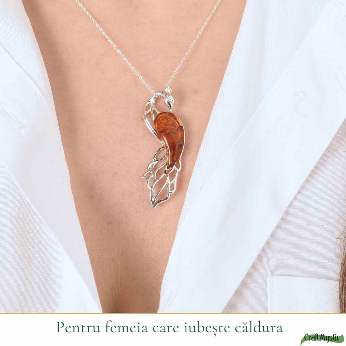 Colier argint 925 cu paun si chihlimbar natural - Energie solara si protectie