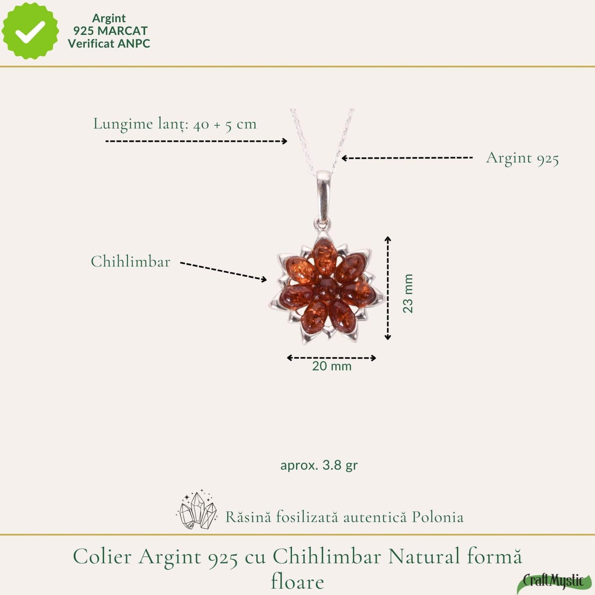 Colier argint 925 cu floare si chihlimbar natural - Energie solara si feminitate