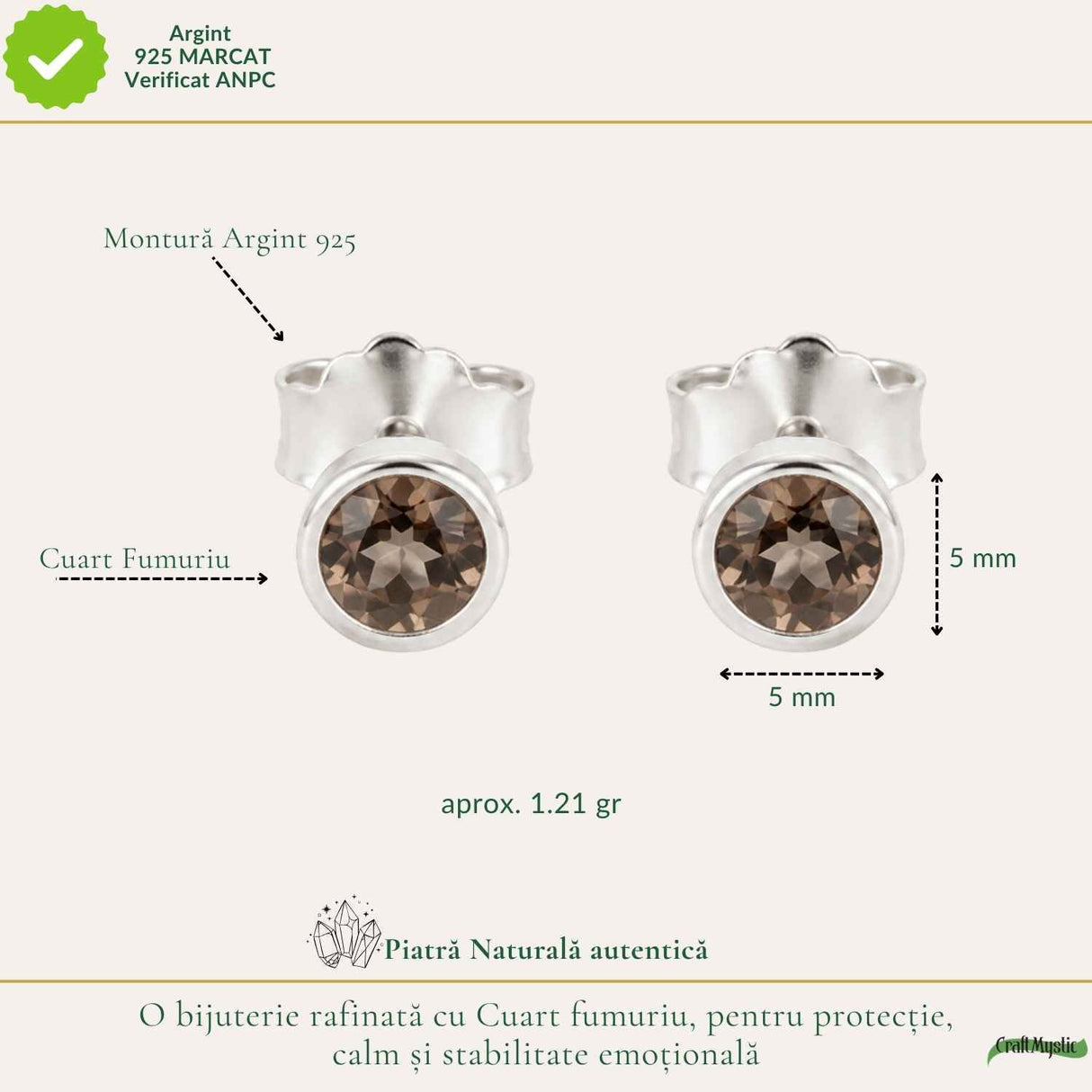 Cercei Argint 925 cu Cuart Fumuriu Fatetat Rotund – Protectie si Echilibru